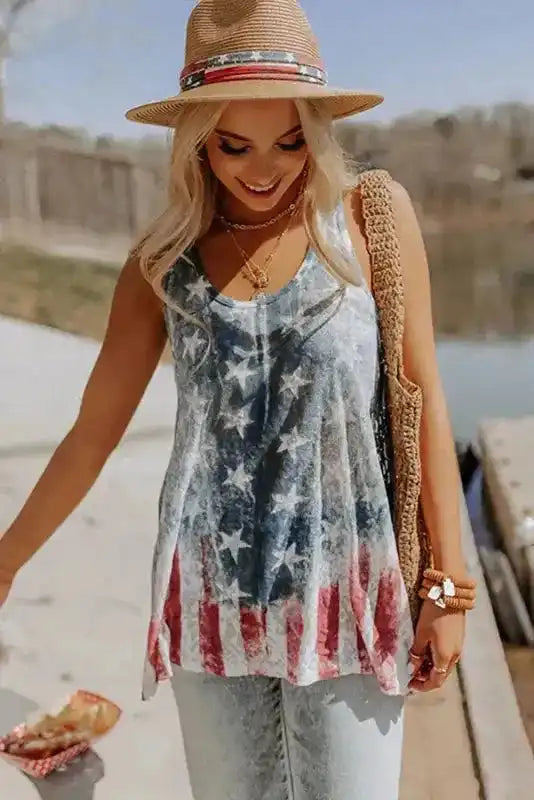 Shift Tank Top - Blue Vintage Washed Flag Print - Fashionfitz