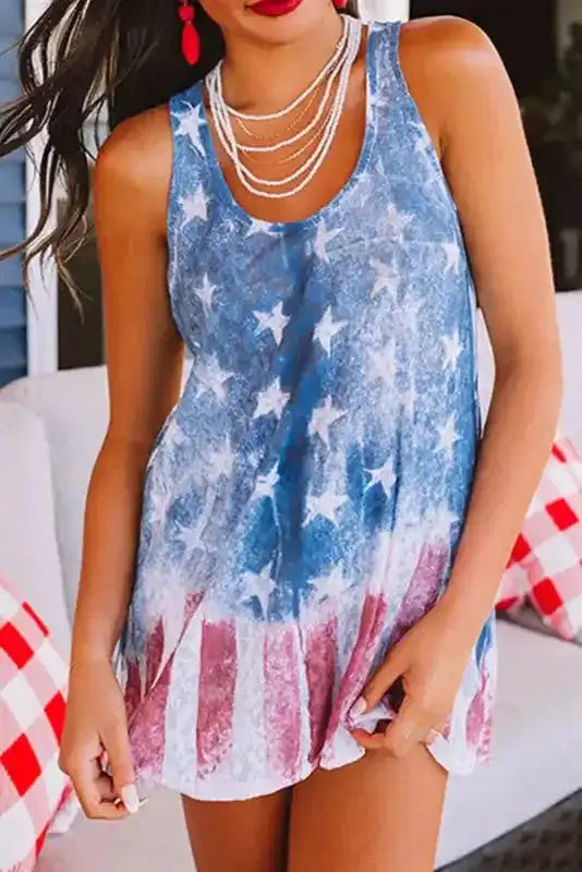 Shift Tank Top - Blue Vintage Washed Flag Print - Fashionfitz