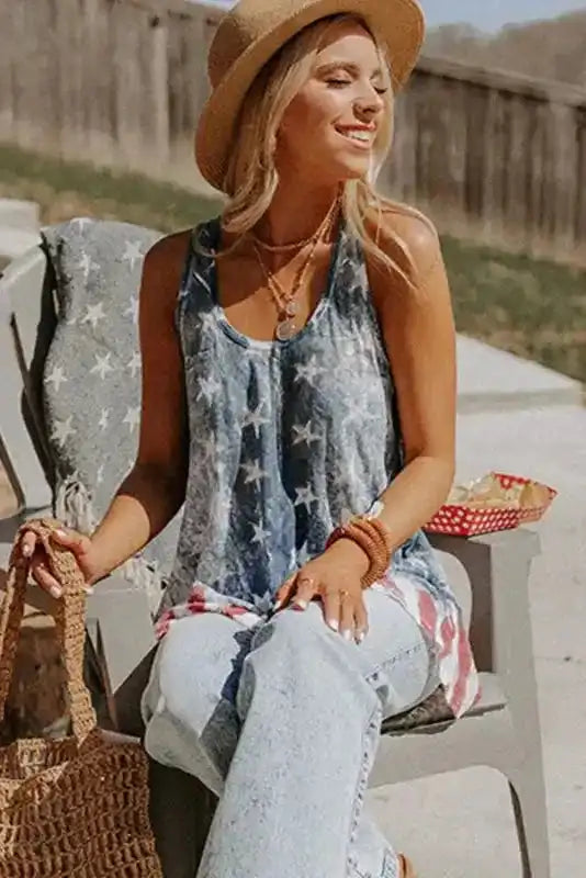 Shift Tank Top - Blue Vintage Washed Flag Print - Fashionfitz