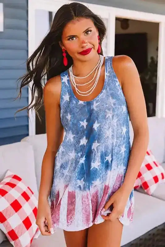 Shift Tank Top - Blue Vintage Washed Flag Print - Fashionfitz