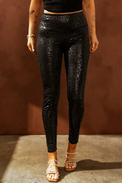 Shiny leopard textured leggings - black - s / 95% polyester + 5% elastane