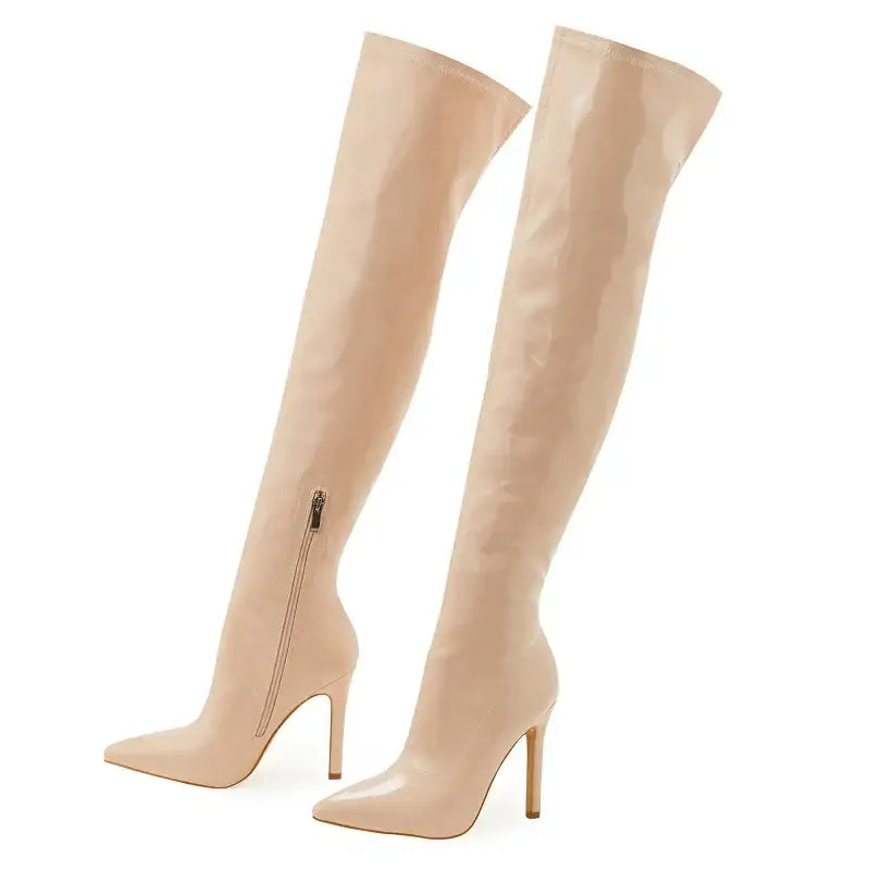 Shiny stiletto high heels over-the-knee boots - apricot / 35