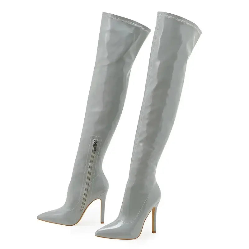 Shiny stiletto high heels over-the-knee boots - gray / 35