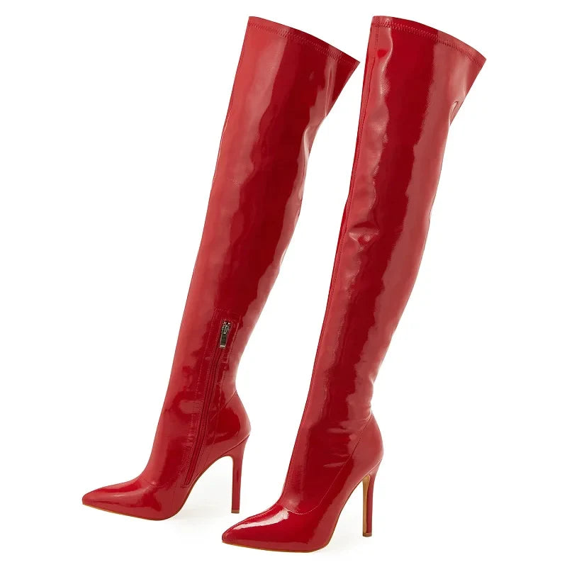 Shiny stiletto high heels over-the-knee boots - red / 35