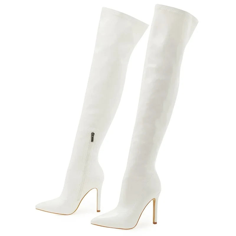 Shiny stiletto high heels over-the-knee boots - white / 35