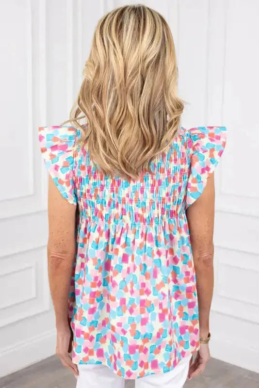 Shirred Blouse - Yoke Ruffled Abstract Print - Fashionfitz