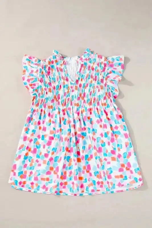 Shirred Blouse - Yoke Ruffled Abstract Print - Fashionfitz