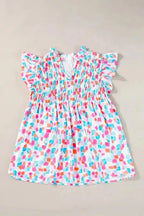 Shirred Blouse - Yoke Ruffled Abstract Print - Fashionfitz