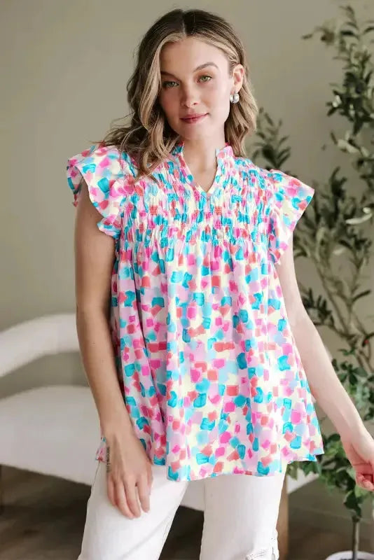 Shirred Blouse - Yoke Ruffled Abstract Print - Fashionfitz