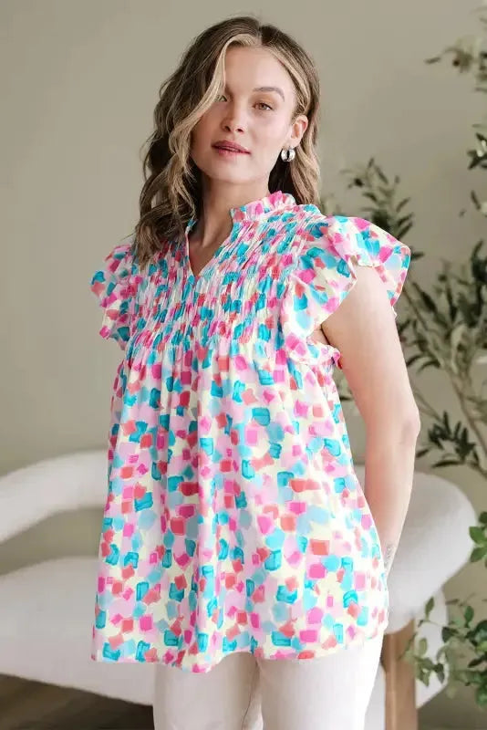 Shirred Blouse - Yoke Ruffled Abstract Print - Fashionfitz
