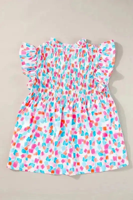 Shirred Blouse - Yoke Ruffled Abstract Print - Fashionfitz