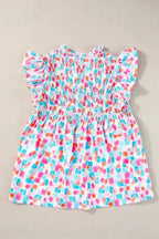 Shirred Blouse - Yoke Ruffled Abstract Print - Fashionfitz