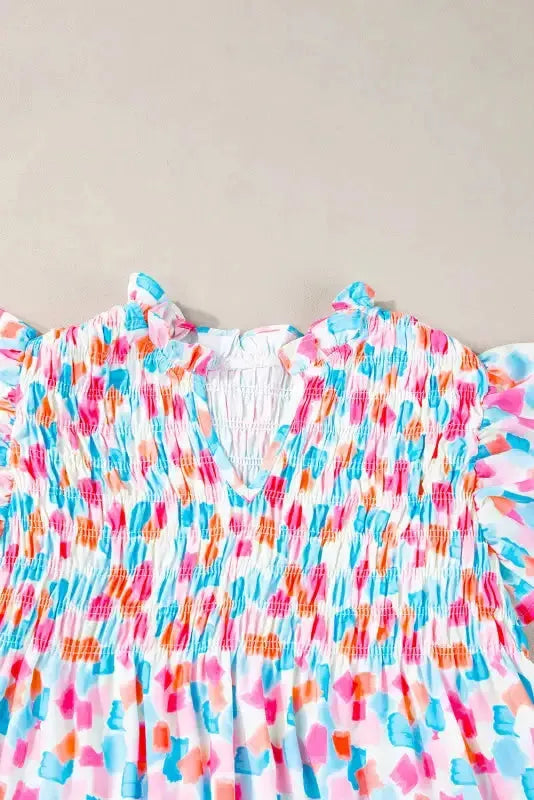 Shirred Blouse - Yoke Ruffled Abstract Print - Fashionfitz