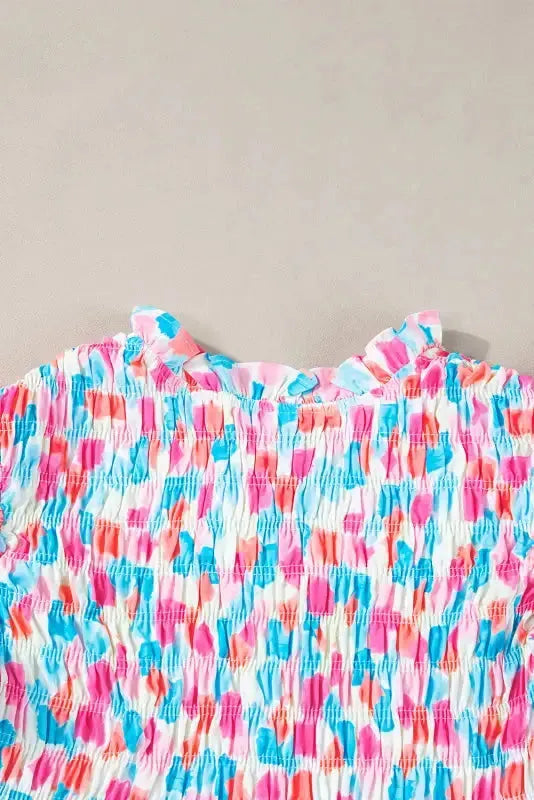 Shirred Blouse - Yoke Ruffled Abstract Print - Fashionfitz