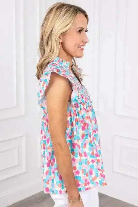 Shirred Blouse - Yoke Ruffled Abstract Print - Fashionfitz