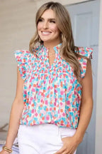 Shirred Blouse - Yoke Ruffled Abstract Print - Fashionfitz