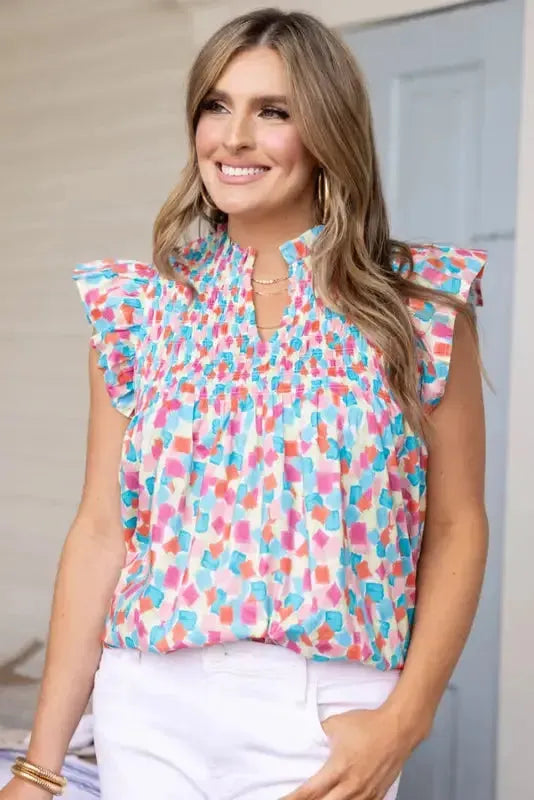 Shirred Blouse - Yoke Ruffled Abstract Print - Fashionfitz
