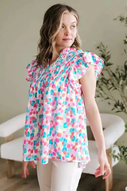 Shirred Blouse - Yoke Ruffled Abstract Print - Fashionfitz