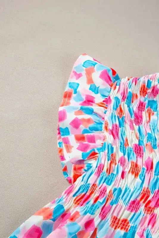 Shirred Blouse - Yoke Ruffled Abstract Print - Fashionfitz