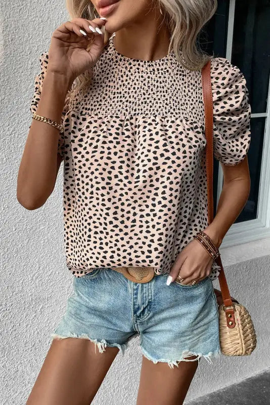 Shirred round neck puff sleeve blouse - khaki / s / 100% polyester - short blouses