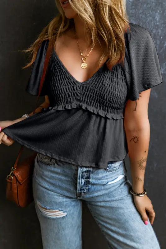 Shirred short flutter sleeve blouse - tops/blouses & shirts