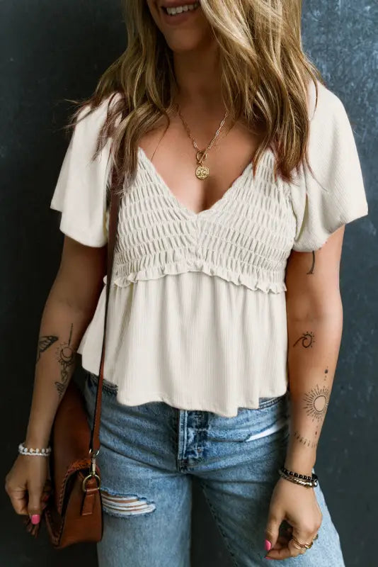 Shirred short flutter sleeve blouse - tops/blouses & shirts