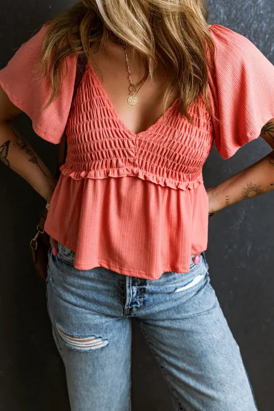 Shirred short flutter sleeve blouse - tops/blouses & shirts