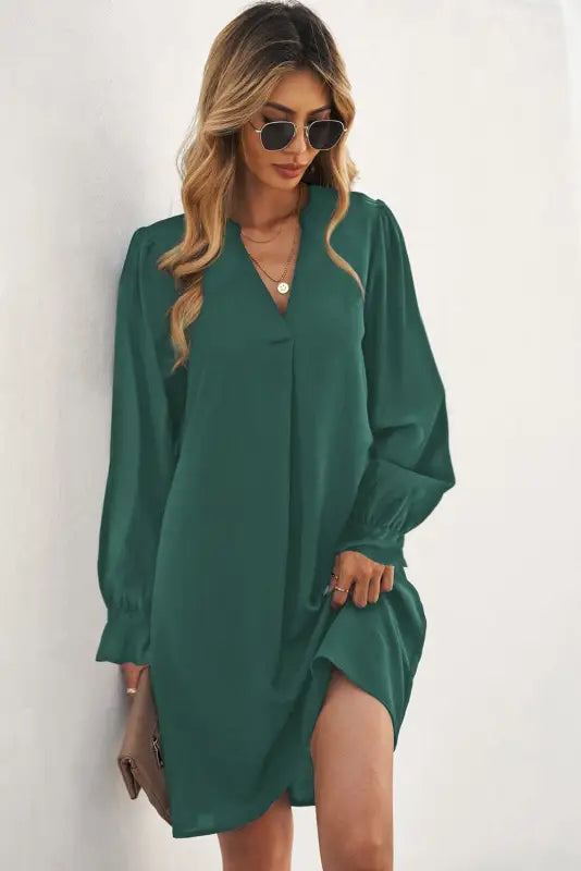 Shirt dress - green split v neck ruffled sleeves - mini dresses