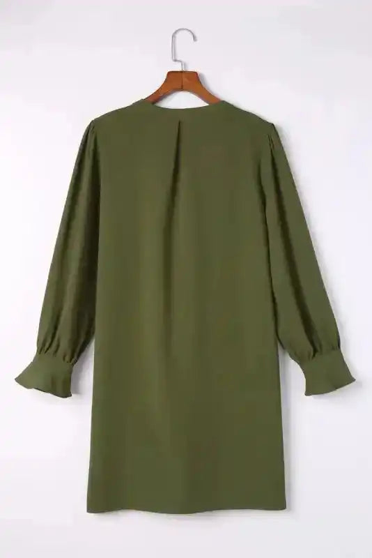 Shirt Dress - Green Split V Neck Ruffled Sleeves - Fashionfitz