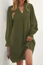 Shirt Dress - Green Split V Neck Ruffled Sleeves - Fashionfitz