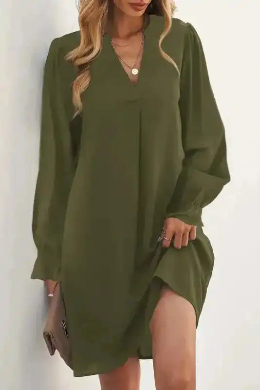 Shirt Dress - Green Split V Neck Ruffled Sleeves - Fashionfitz