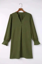 Shirt Dress - Green Split V Neck Ruffled Sleeves - Fashionfitz