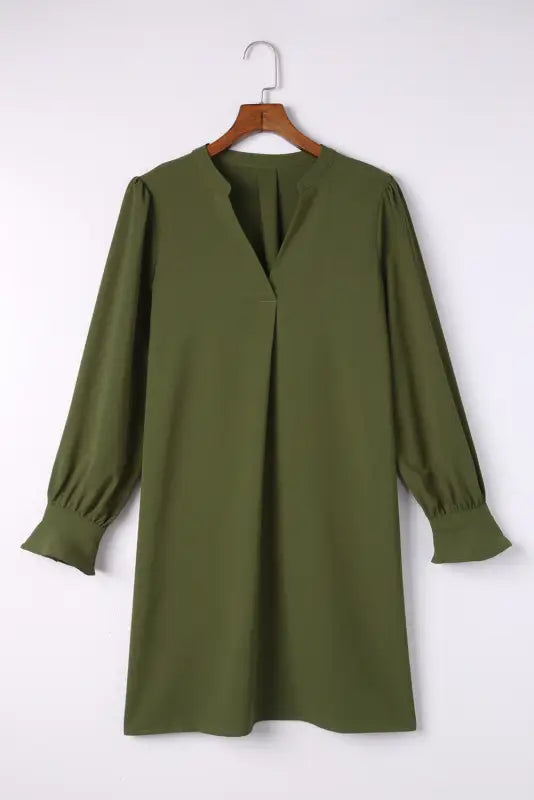 Shirt dress - green split v neck ruffled sleeves - mini dresses