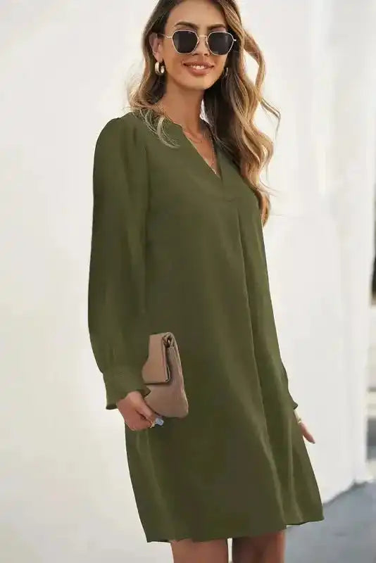 Shirt Dress - Green Split V Neck Ruffled Sleeves - Fashionfitz