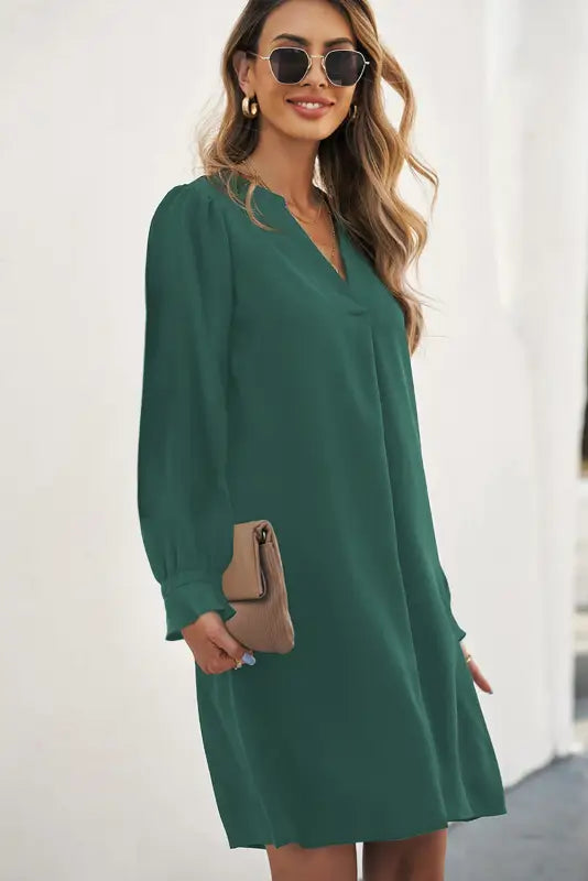 Shirt dress - green split v neck ruffled sleeves - mini dresses