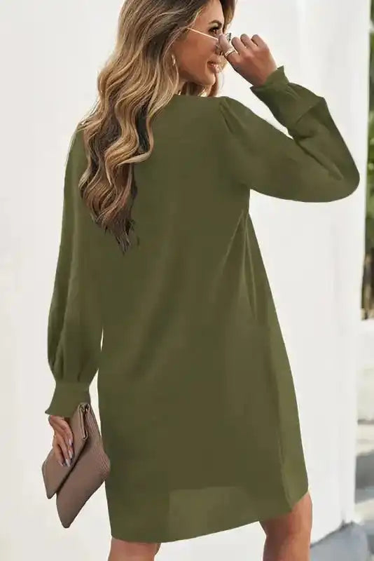Shirt Dress - Green Split V Neck Ruffled Sleeves - Fashionfitz