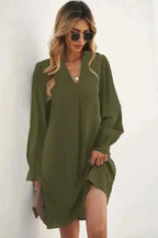 Shirt Dress - Green Split V Neck Ruffled Sleeves - Fashionfitz