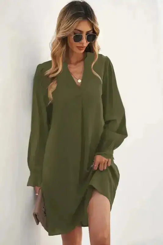Shirt Dress - Green Split V Neck Ruffled Sleeves - Fashionfitz