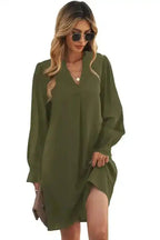 Shirt Dress - Green Split V Neck Ruffled Sleeves - Fashionfitz