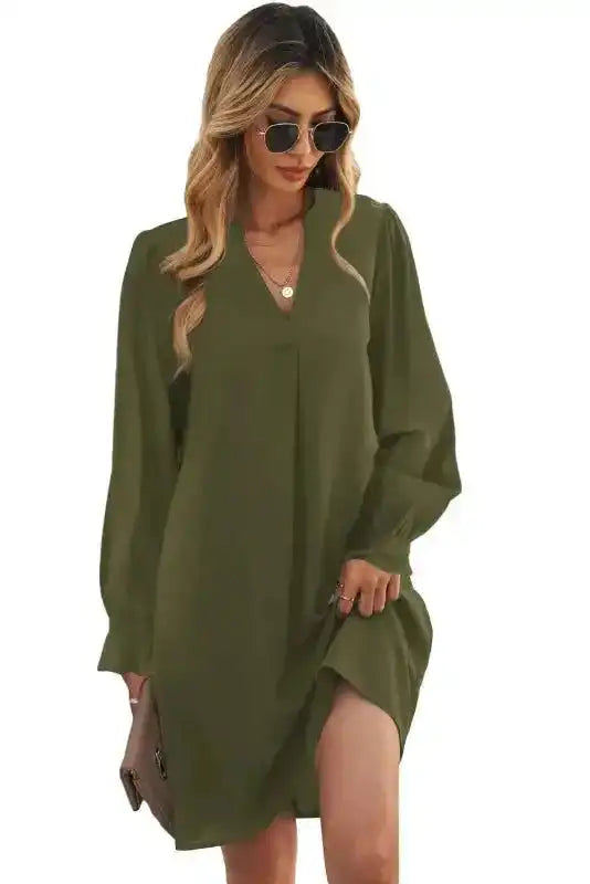 Shirt Dress - Green Split V Neck Ruffled Sleeves - Fashionfitz