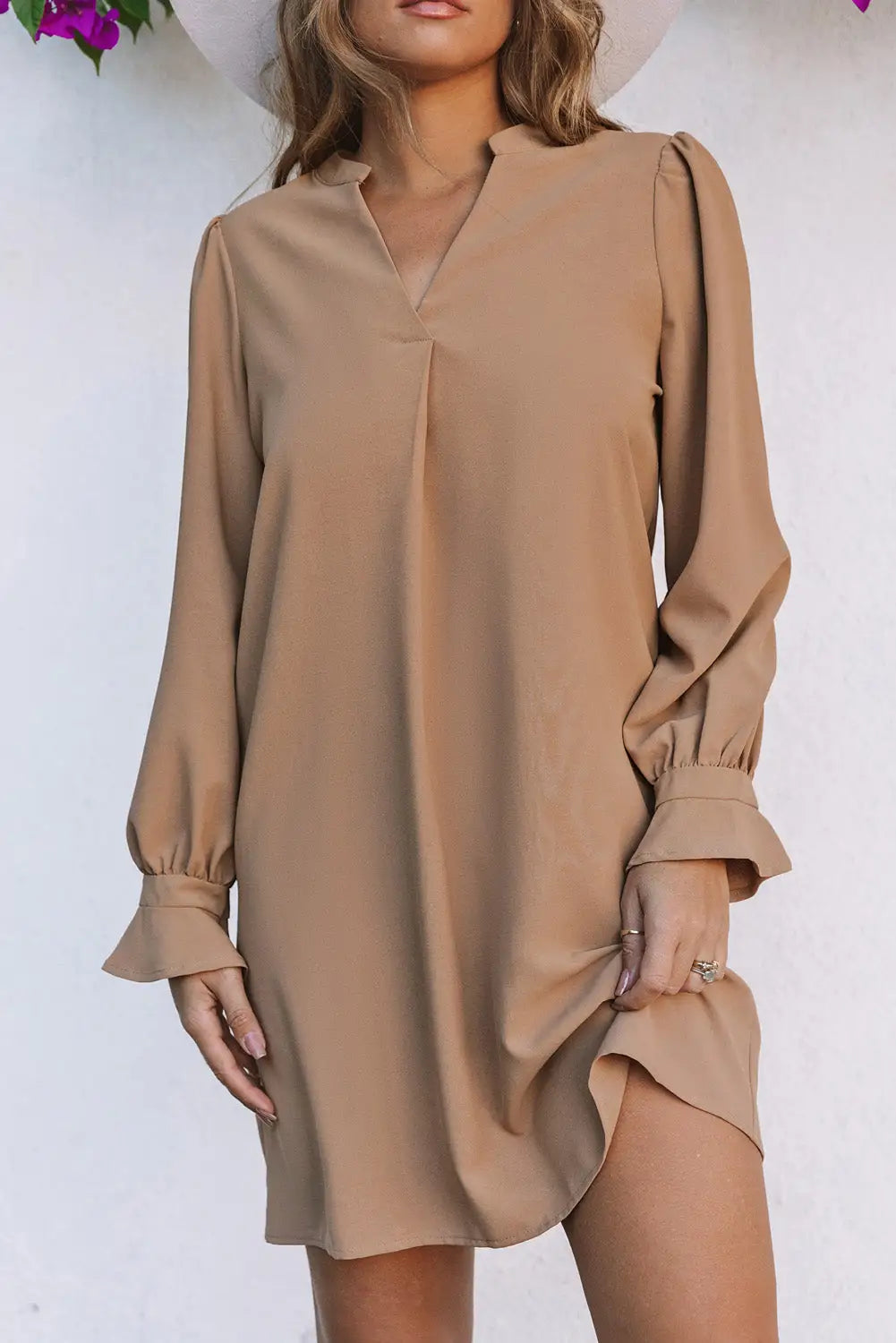 Shirt dress - green split v neck ruffled sleeves - apricot / s / 100% polyester - mini dresses