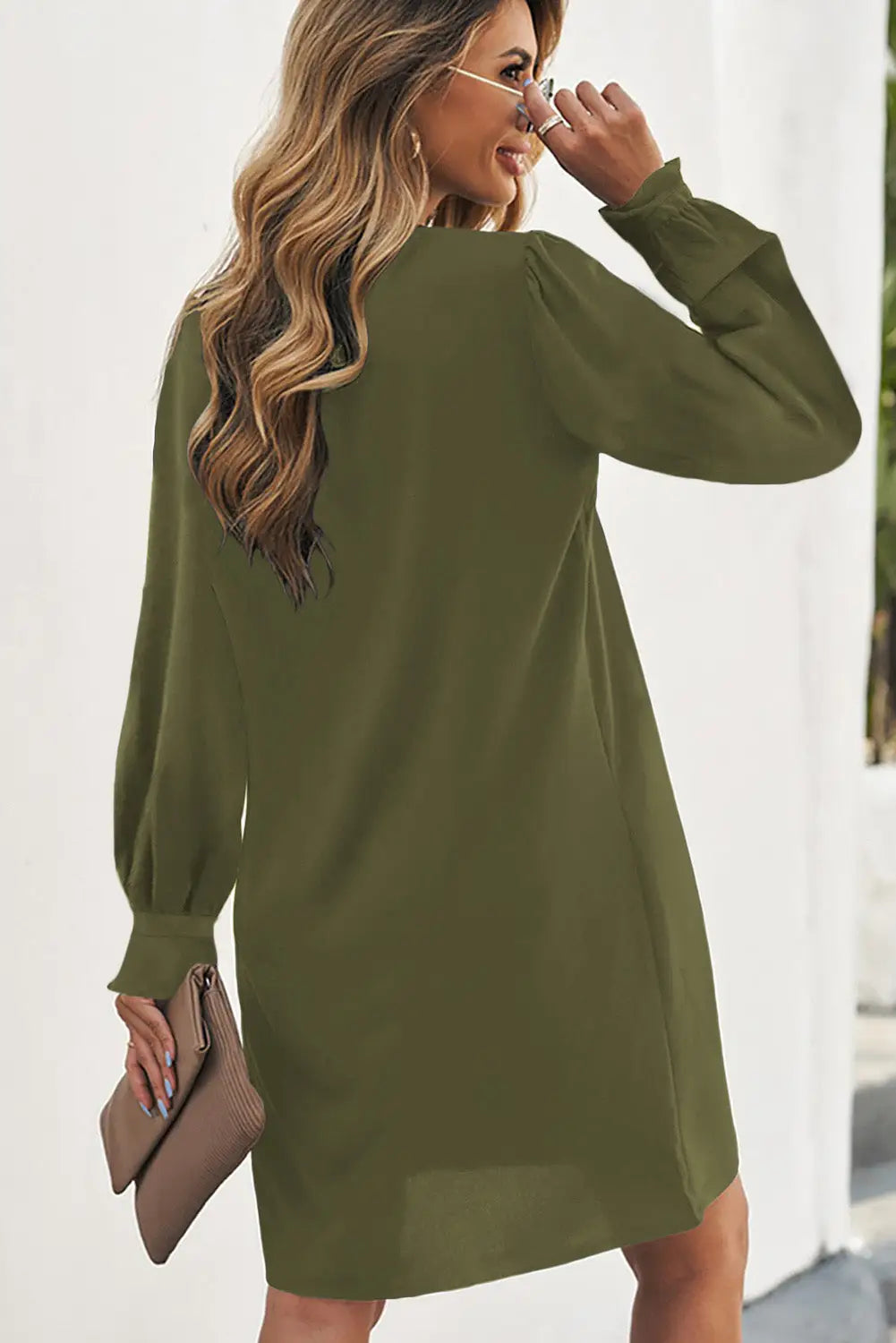 Shirt dress - green split v neck ruffled sleeves - mini dresses
