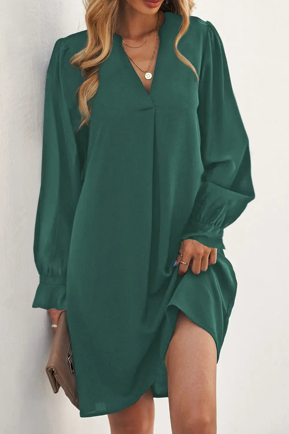 Shirt dress - green split v neck ruffled sleeves - green-2 / s / 100% polyester - mini dresses