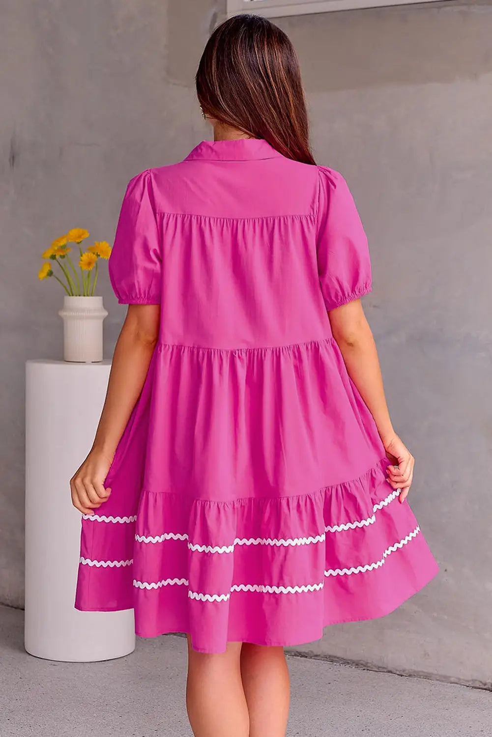 Shirt dress - rose red puff sleeve contrast ricrac - mini dresses