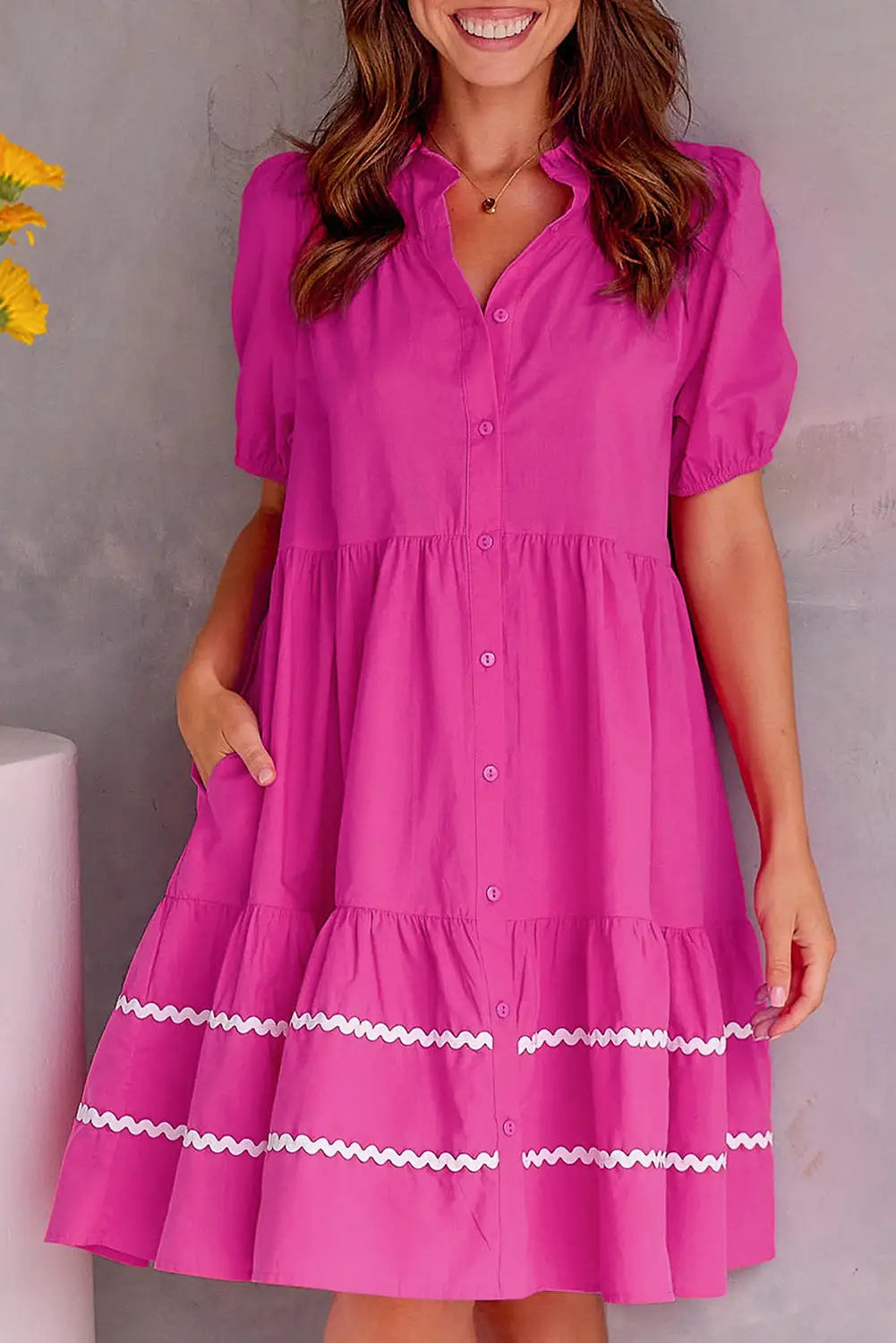 Shirt dress - rose red puff sleeve contrast ricrac - s / 100% cotton - mini dresses