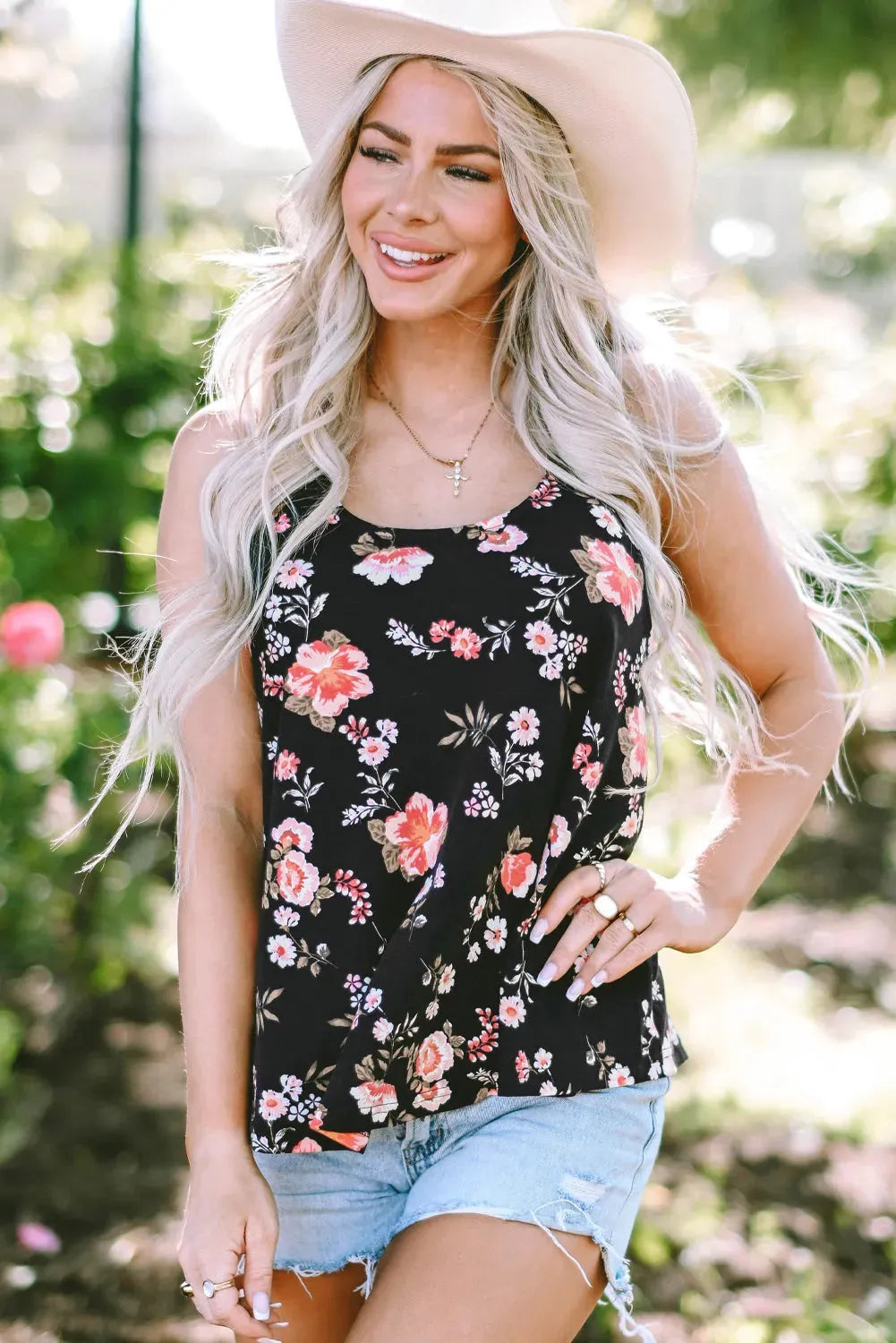 Black Floral Strappy Back Tank Top - Fashionfitz