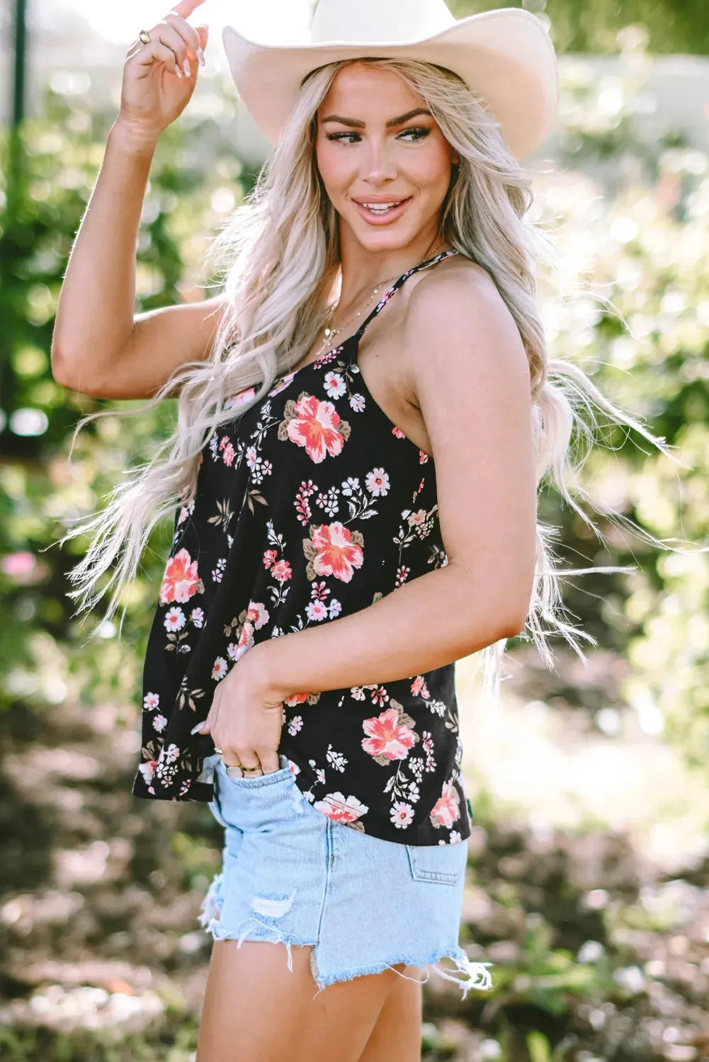 Black Floral Strappy Back Tank Top - Fashionfitz