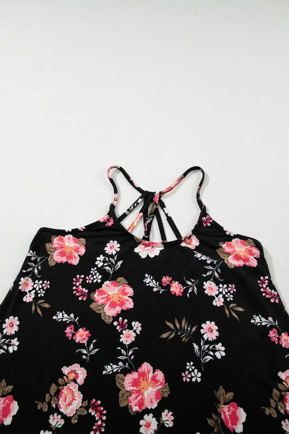 Black Floral Strappy Back Tank Top - Fashionfitz