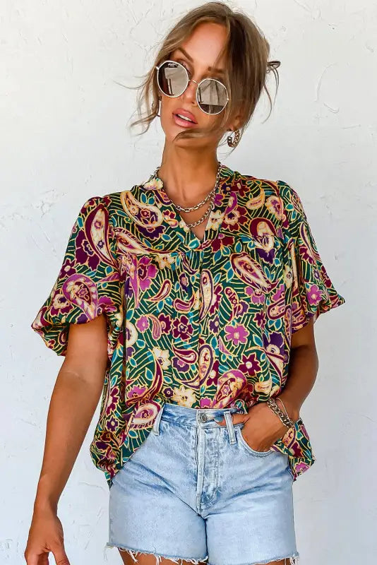 Green v neck short bubble sleeve paisley blouse - blouses & shirts