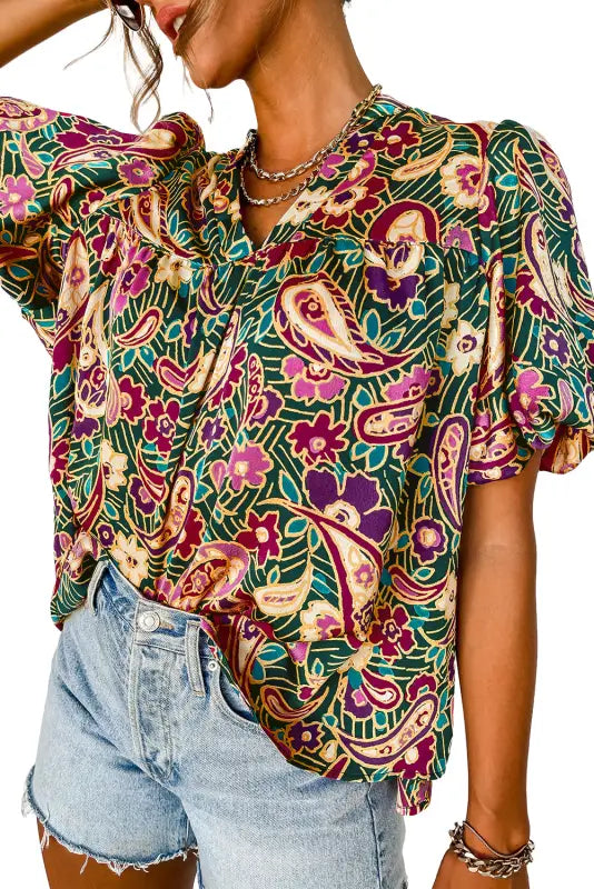 Green v neck short bubble sleeve paisley blouse - blouses & shirts